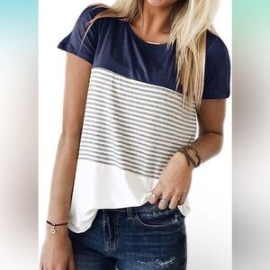 ⭐ YunJey Triple Color Block Stripe Tee – Size S ⭐